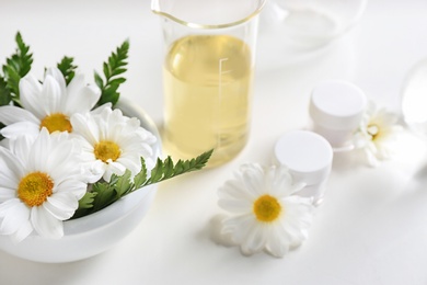 Photo of Skin care products, ingredients and laboratory glassware on white background. Dermatology research