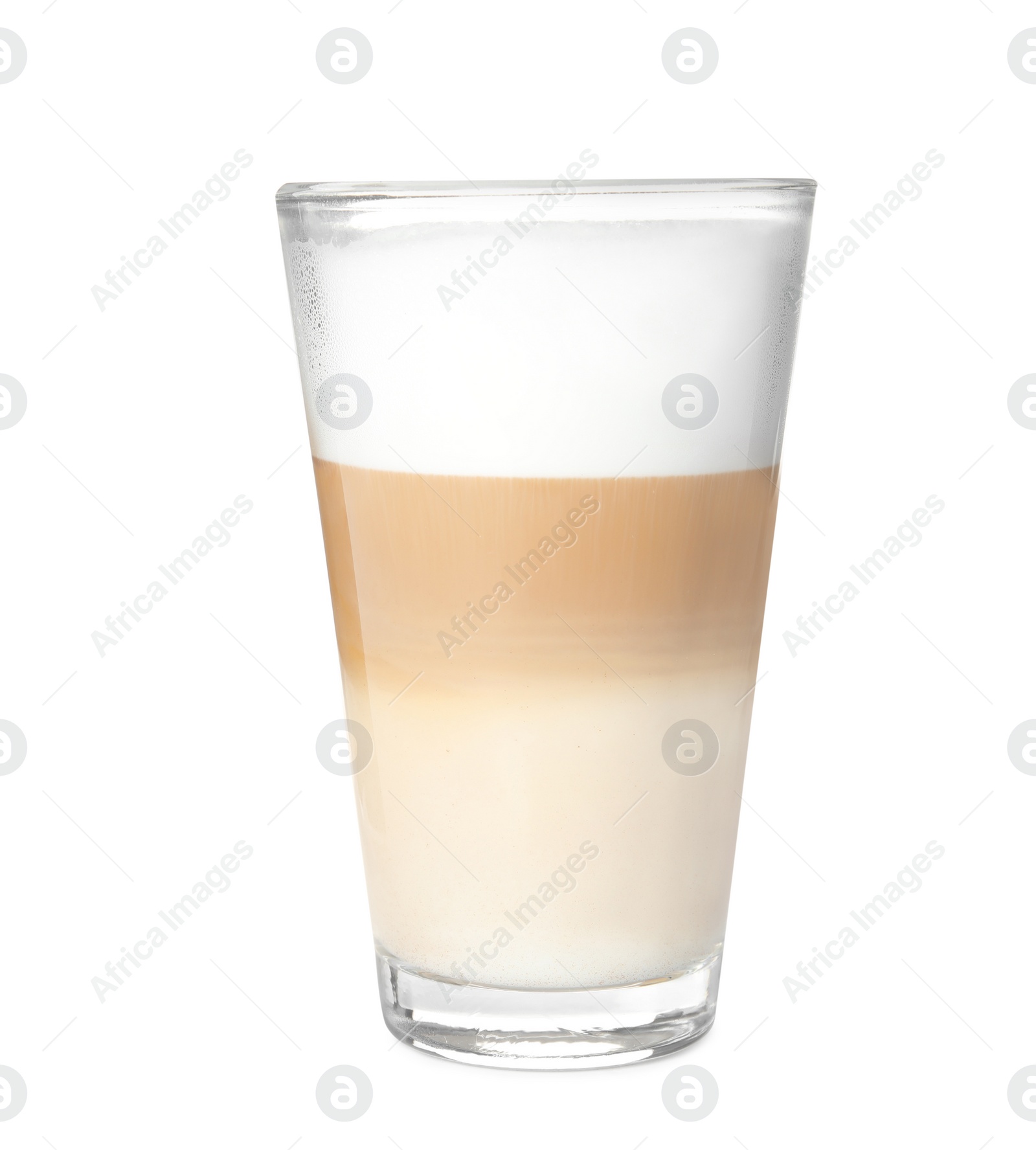 Photo of Glass of delicious latte macchiato on white background