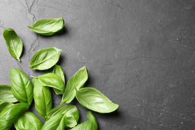 Photo of Fresh basil on grey table, flat lay. Space for text