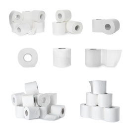 Image of Set with rolls of toilet paper on white background