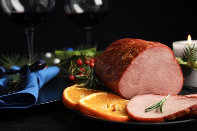 Delicious ham served on table. Christmas dinner