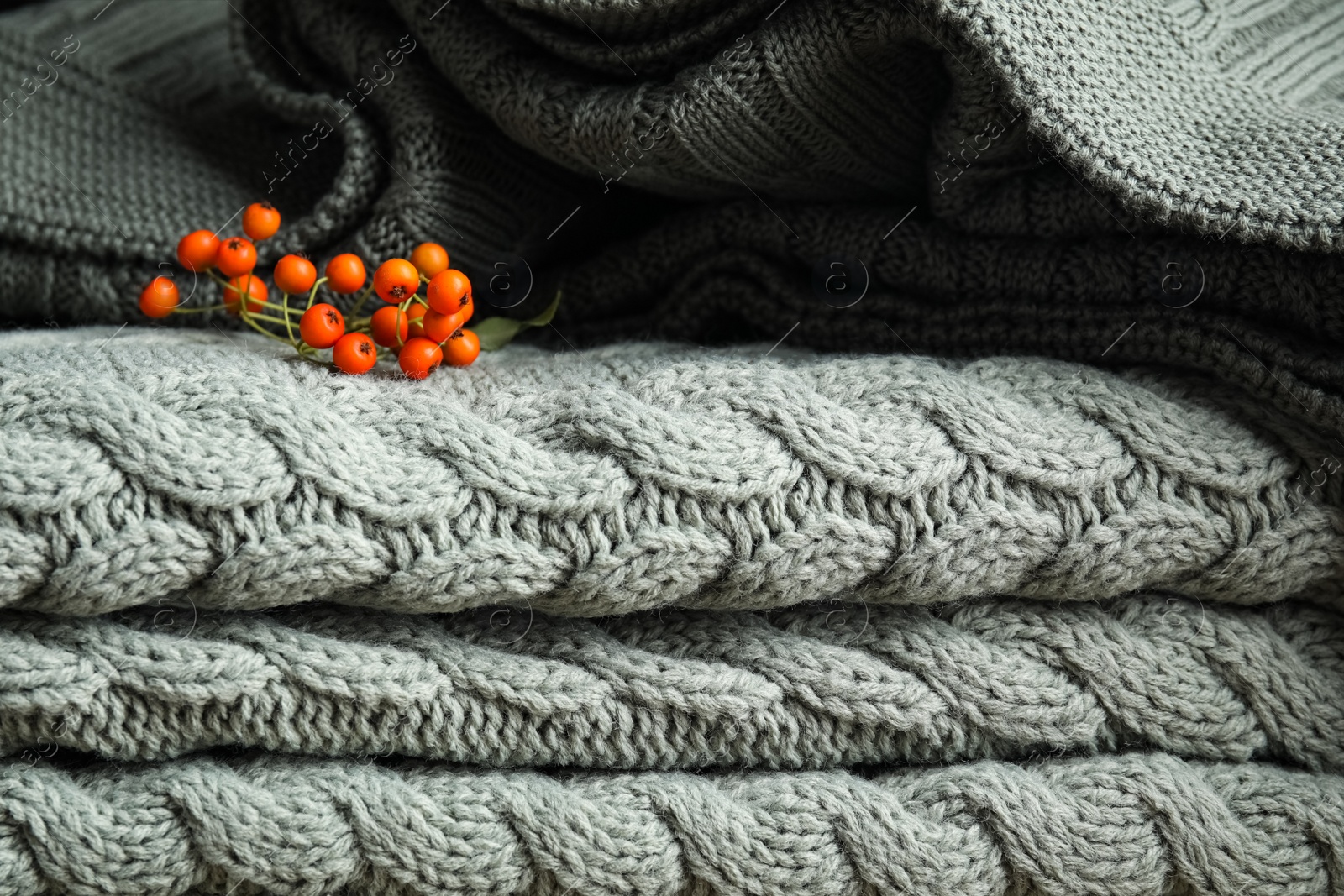 Photo of Red ashberries on folded knitted plaid, closeup