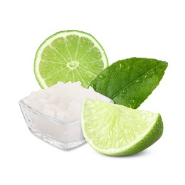 Image of Cut lime and salt isolated on white. Margarita cocktail ingredients