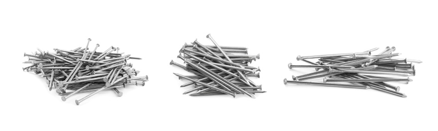 Image of Set with sharp metal nails on white background, banner design