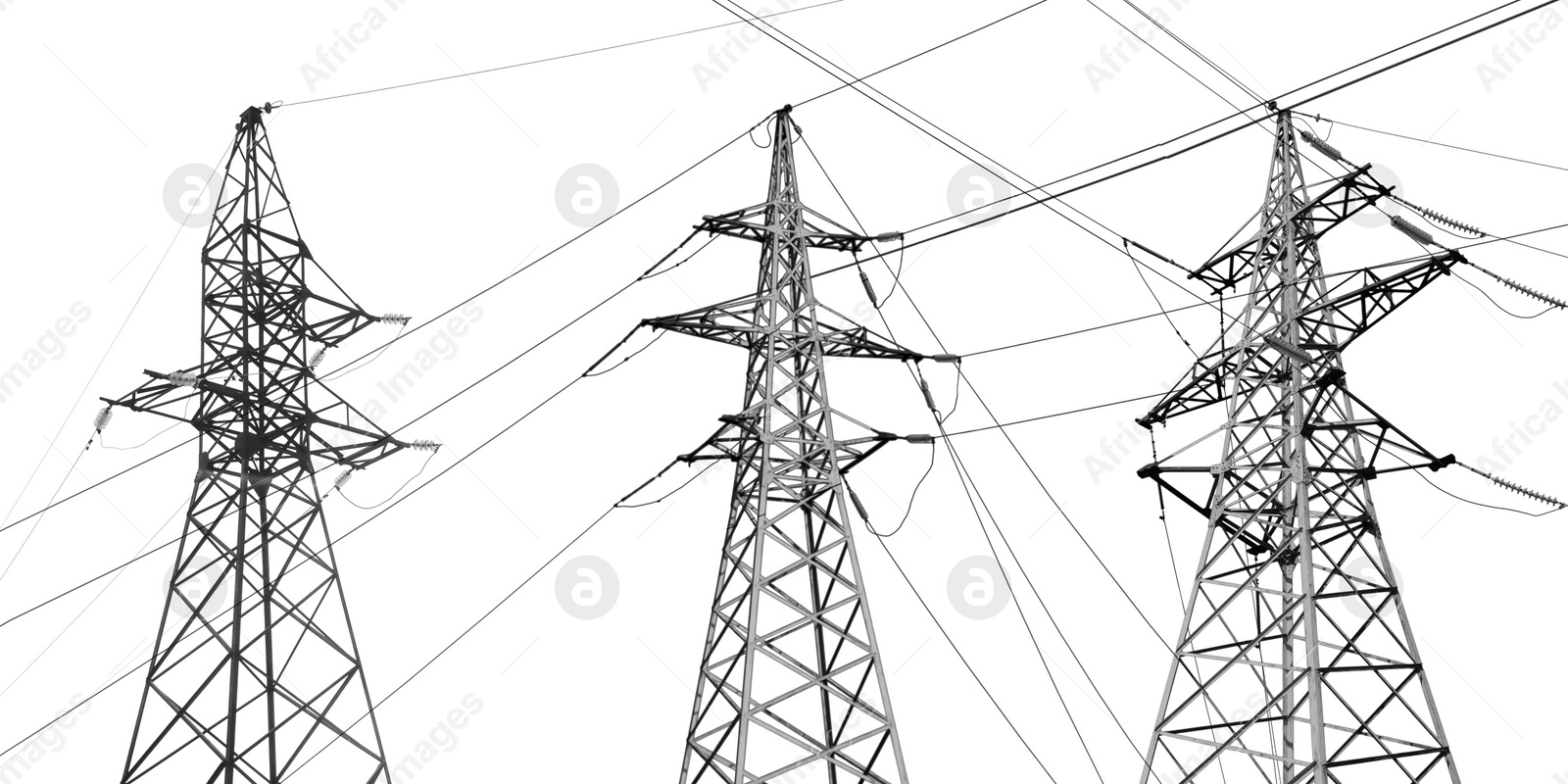 Image of Collage with high voltage towers isolated on white. Electric power transmission