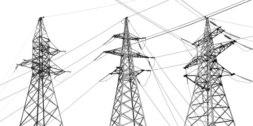 Collage with high voltage towers isolated on white. Electric power transmission