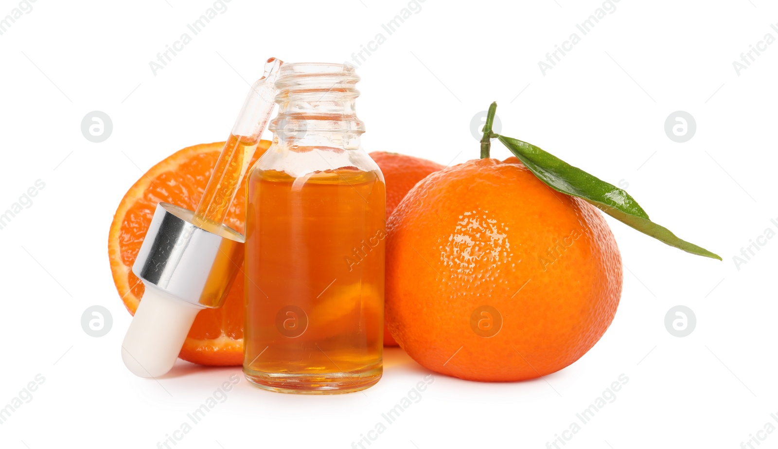 Photo of Aromatic tangerine essential oil in bottle, pipette and citrus fruits isolated on white