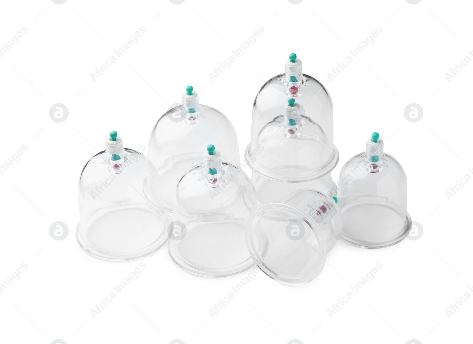 Photo of Plastic cups isolated on white. Cupping therapy