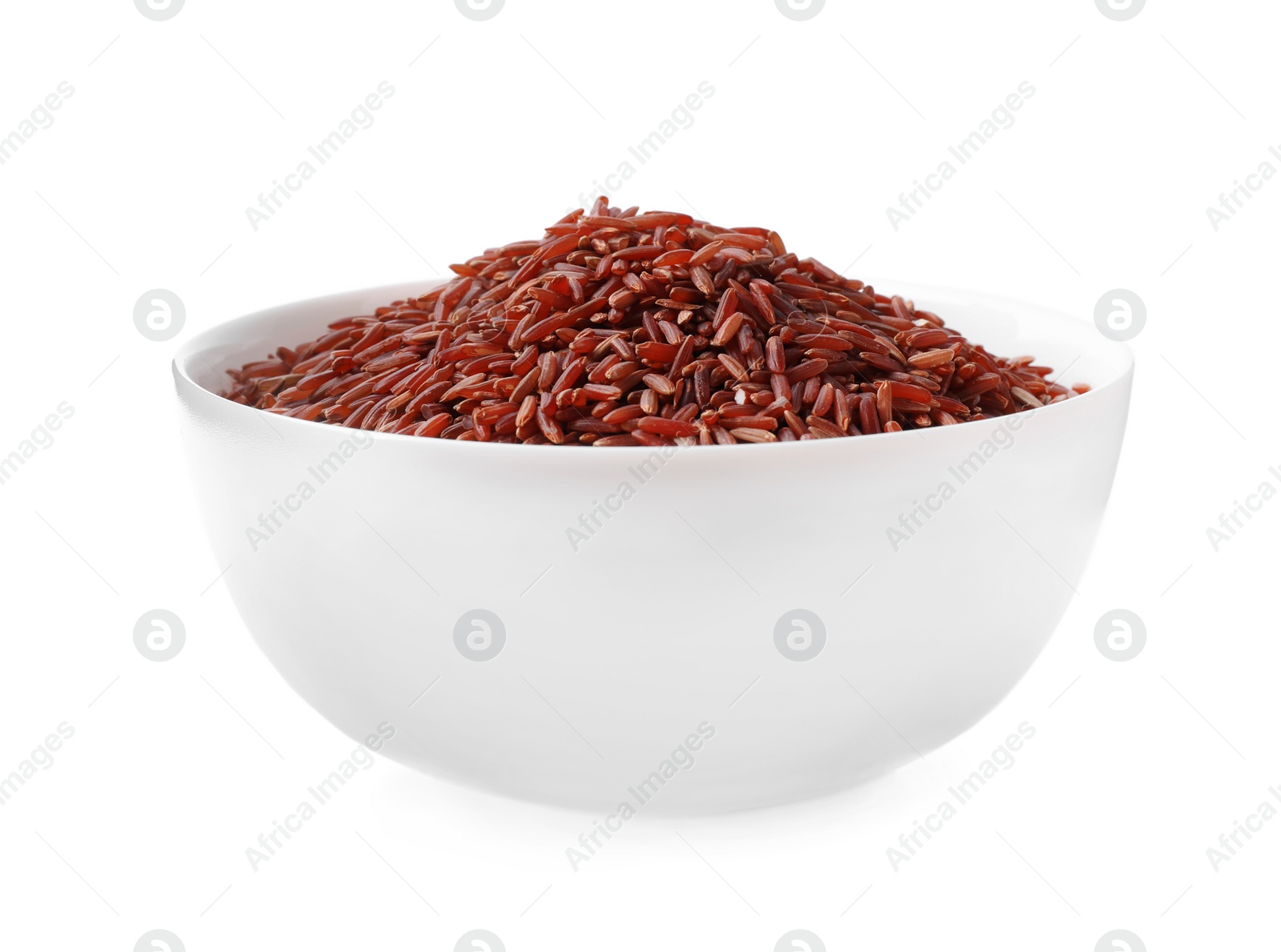 Photo of Brown rice in bowl isolated on white