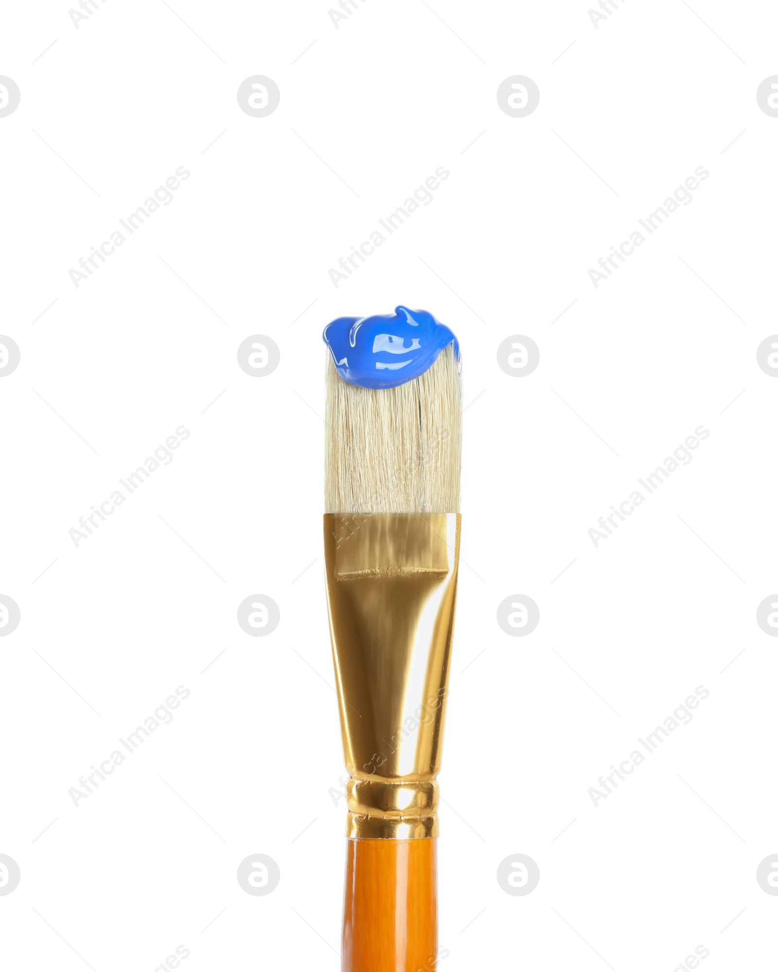 Photo of Brush with blue paint on white background