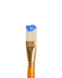 Photo of Brush with blue paint on white background