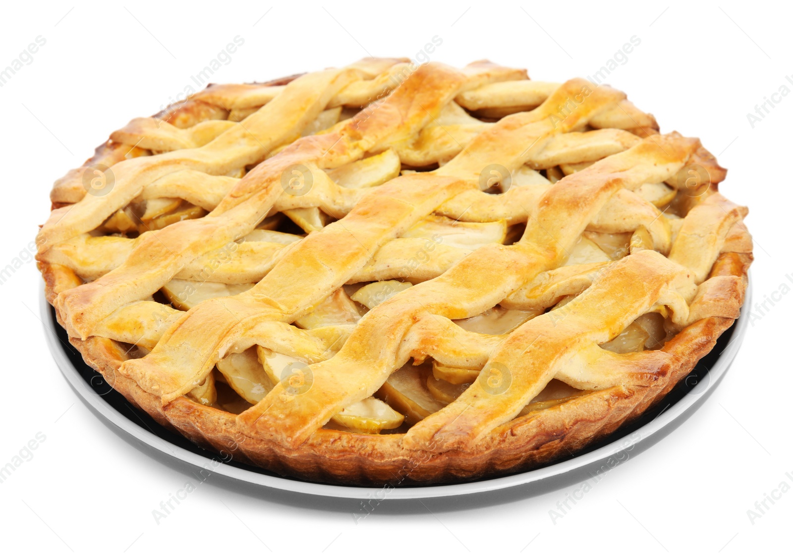 Photo of Delicious traditional apple pie isolated on white