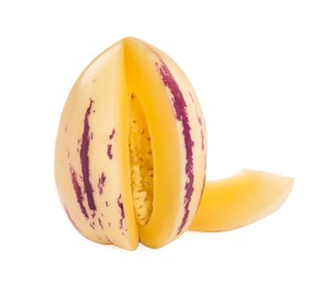 Photo of Cut pepino melon isolated on white. Exotic fruit