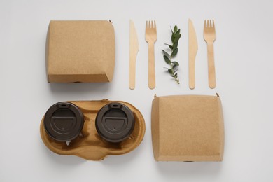 Photo of Flat lay with eco friendly products on light background