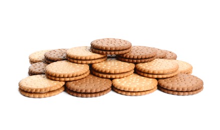 Photo of Different tasty sandwich cookies on white background