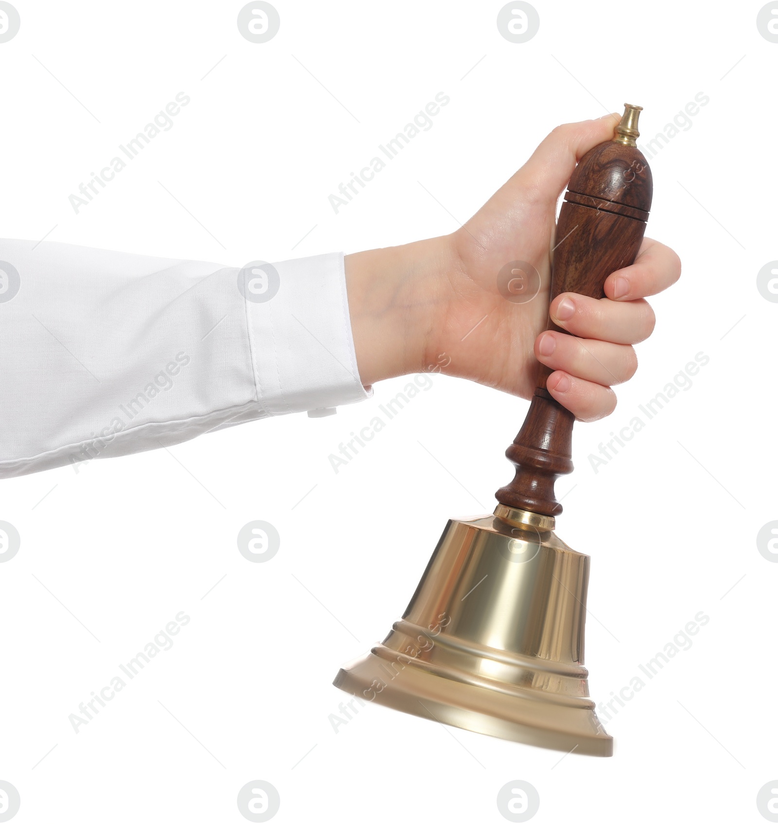 Photo of Pupil with school bell on white background, closeup