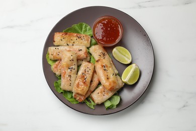 Photo of Tasty fried spring rolls and sauce on white marble table, top view