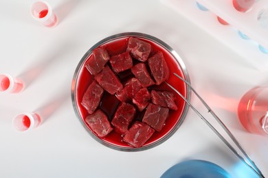 Photo of Petri dish with pieces of raw cultured meat, tweezers and samples on white table, flat lay