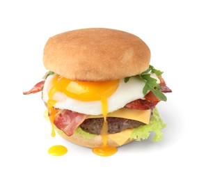 Photo of Delicious burger with fried egg isolated on white