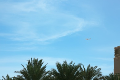 Distant view of airplane in sky over tropical resort