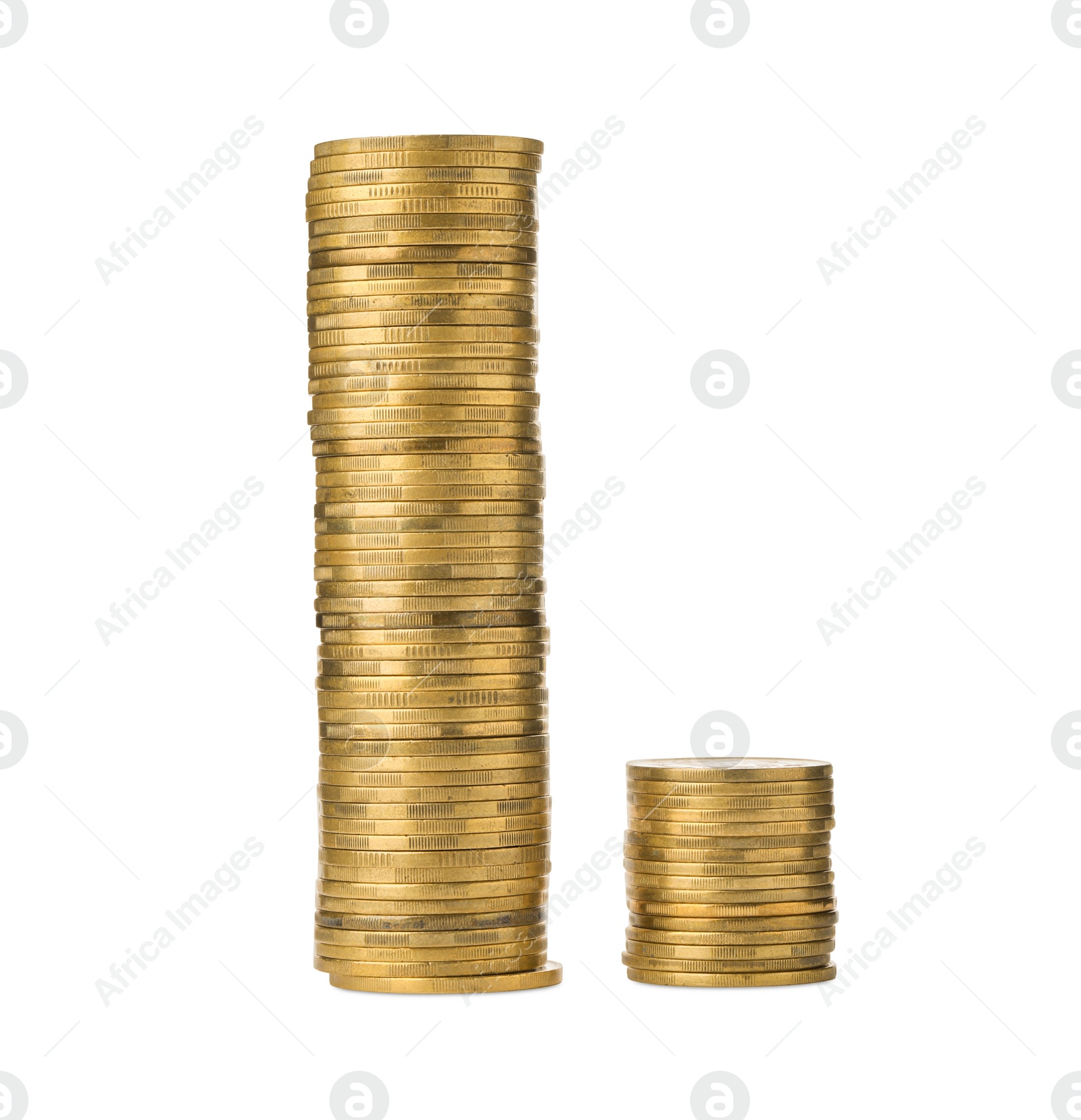 Photo of Stacks of golden coins on white background