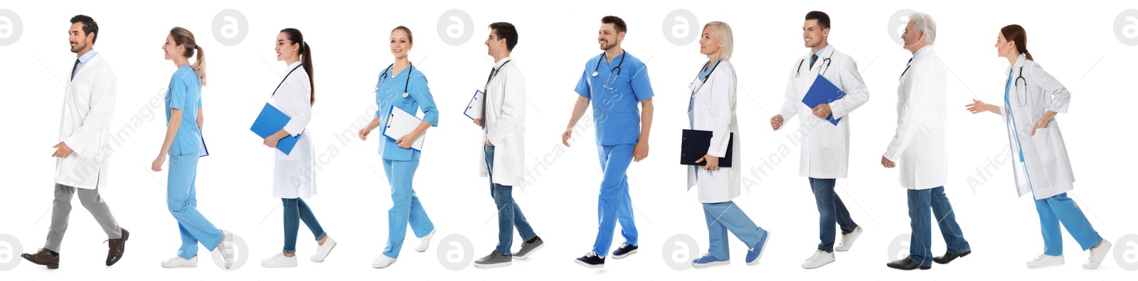 Image of Collage with photos of doctors on white background. Banner design