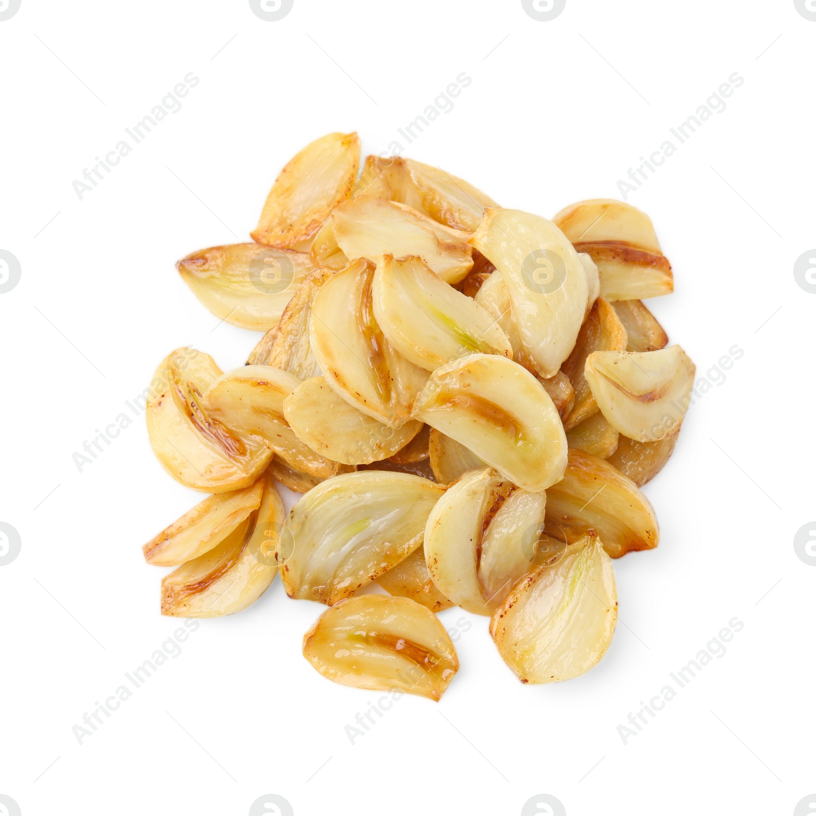 Photo of Pile of fried garlic cloves isolated on white, top view