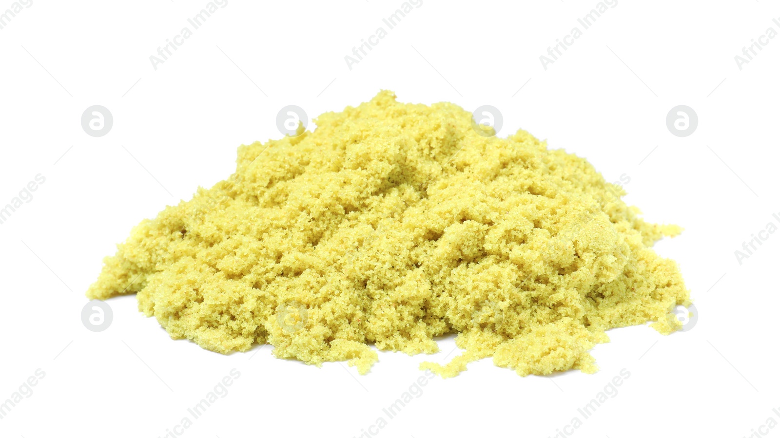 Photo of Pile of yellow kinetic sand on white background