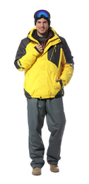 Man wearing stylish winter sport clothes on white background