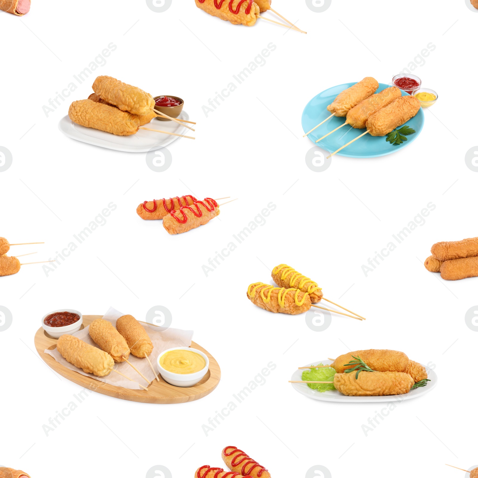 Image of Delicious deep fried corn dogs on white background, collage