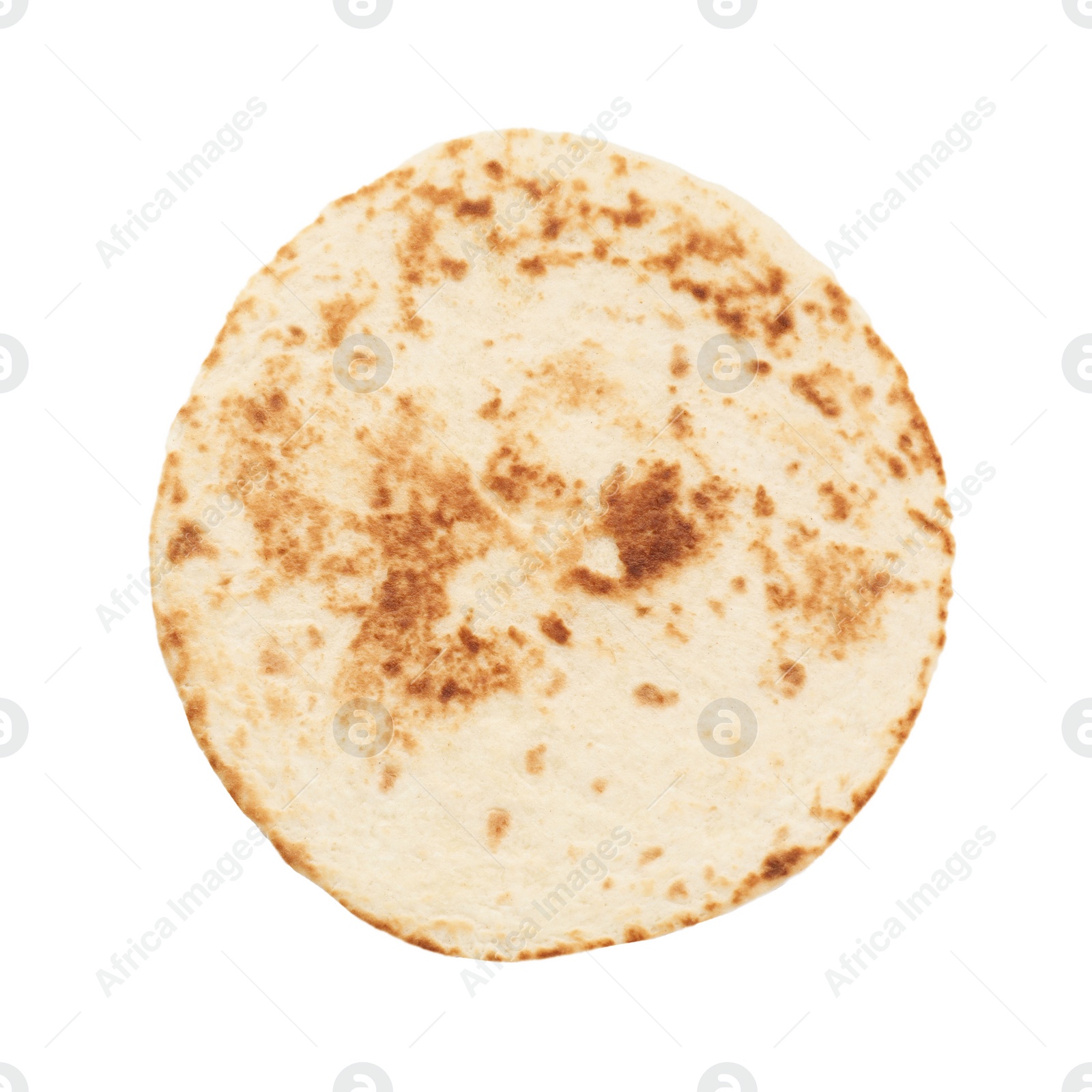 Photo of One tasty homemade tortilla isolated on white, top view