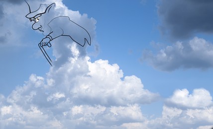 Image of Imagination and creativity. Fluffy cloud resembling leprechaun in blue sky, drawn outline