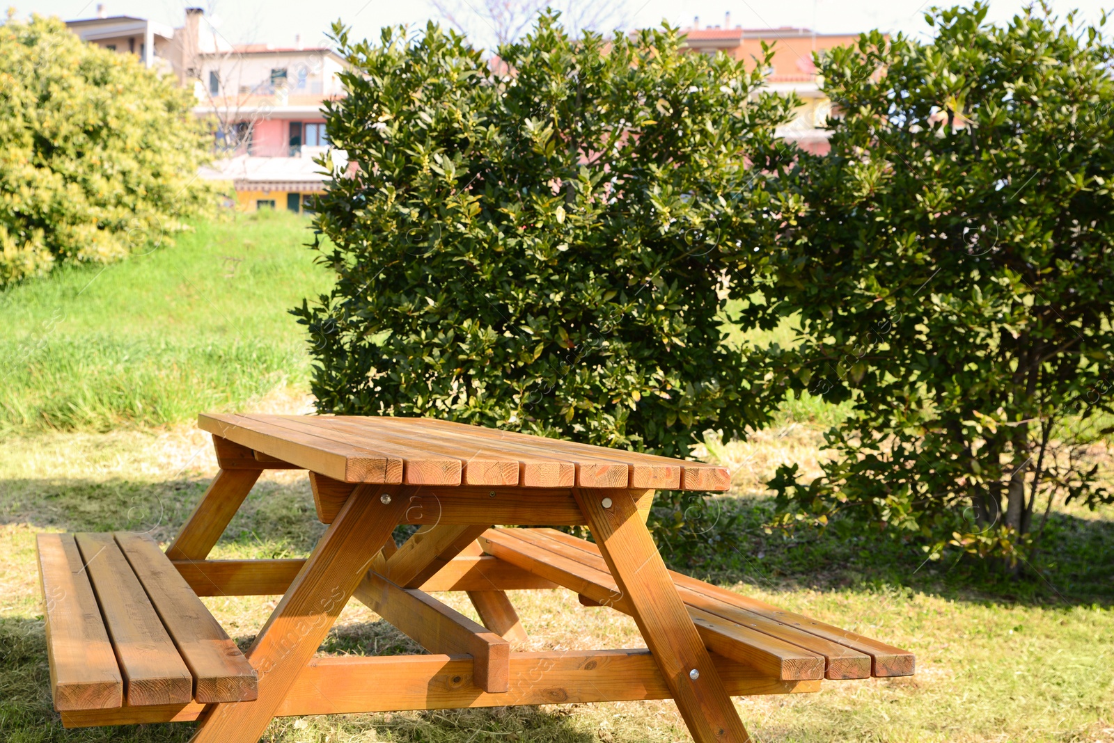 Photo of Empty wooden picnic table with benches in park on sunny day