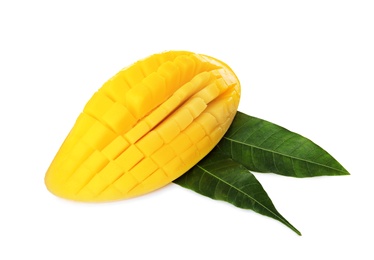 Photo of Fresh juicy mango half and leaves on white background