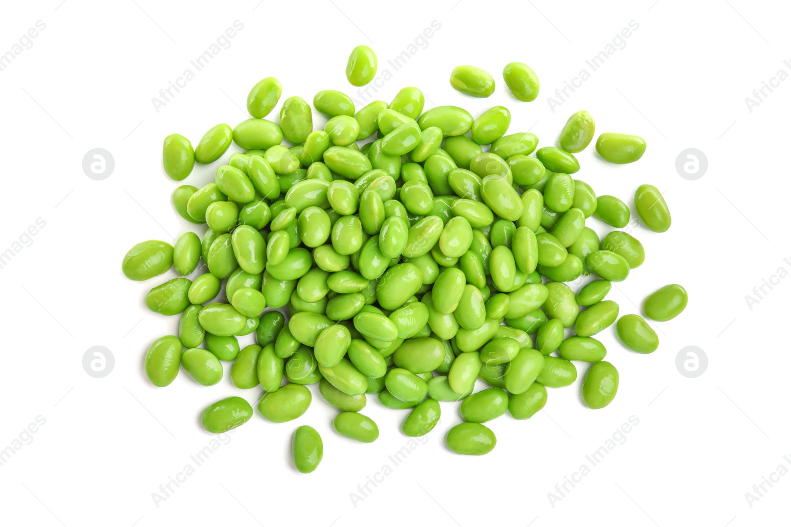 Photo of Pile of fresh edamame soybeans on white background, top view
