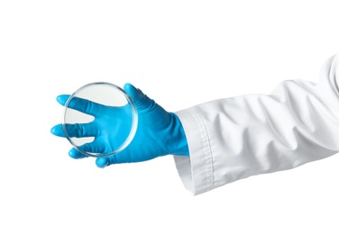 Photo of Scientist holding clean Petri dish on white background. Chemical research