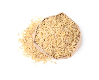Photo of Raw bulgur in paper bag isolated on white, top view