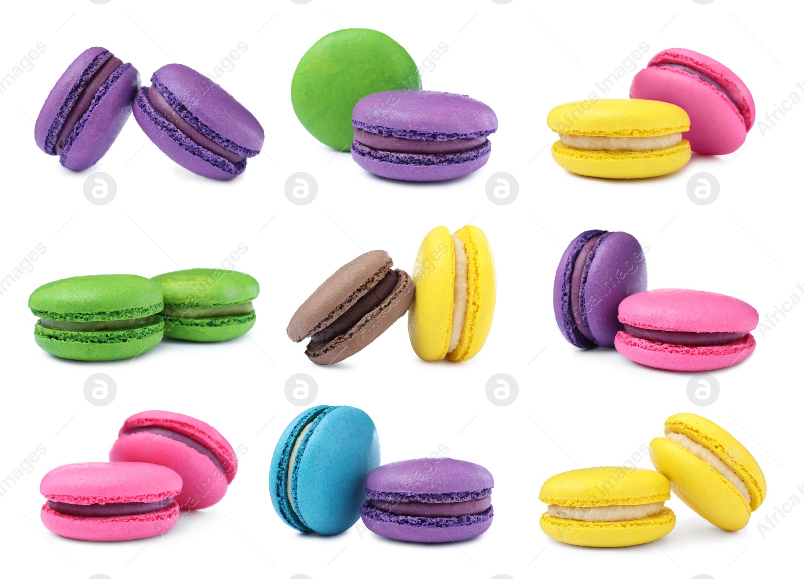 Image of Set with different delicious macarons on white background