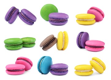 Image of Set with different delicious macarons on white background