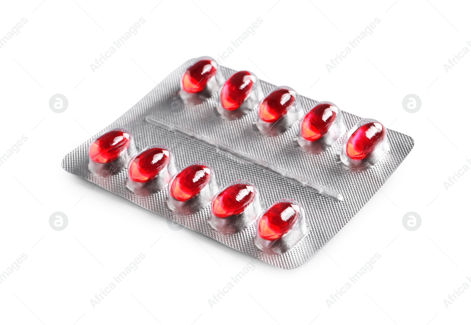 Photo of Blister of pills on white background. Medicinal treatment