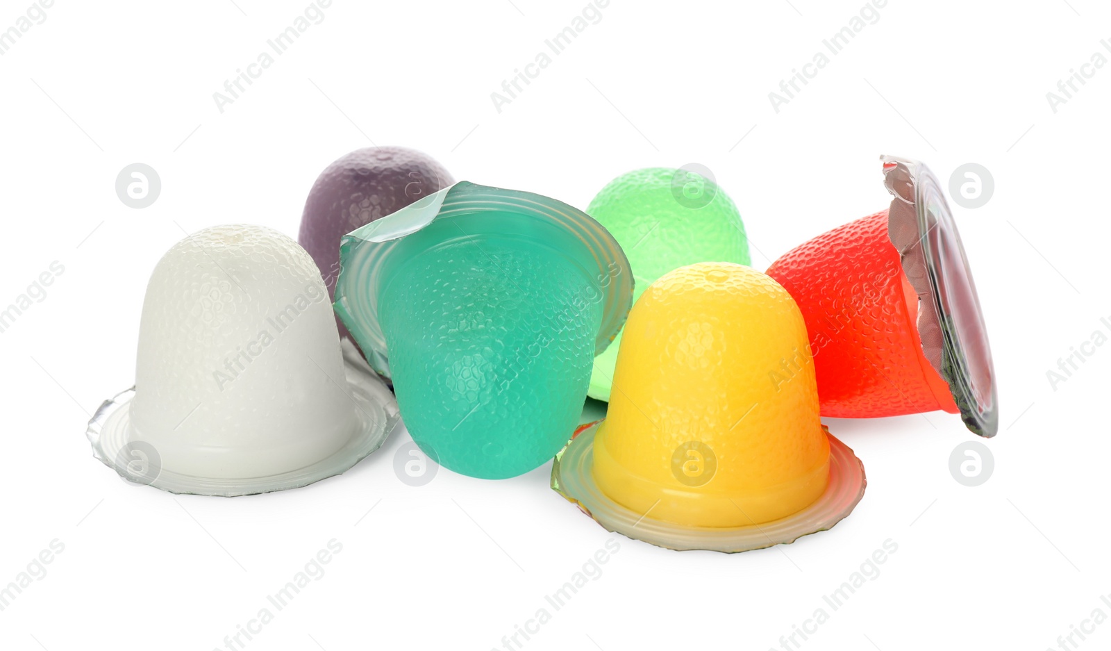 Photo of Tasty bright jelly cups on white background