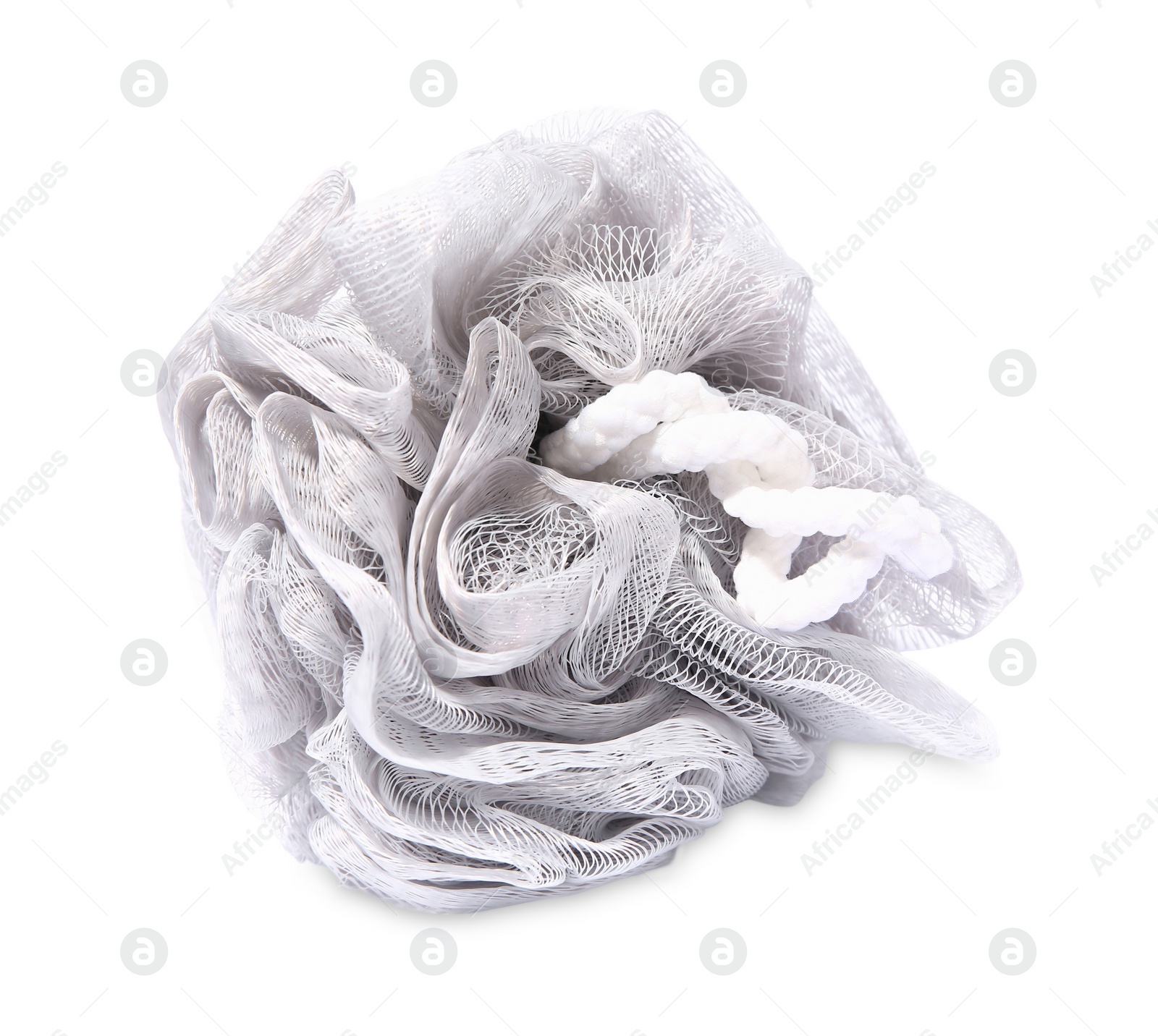 Photo of New grey shower puff isolated on white. Personal hygiene