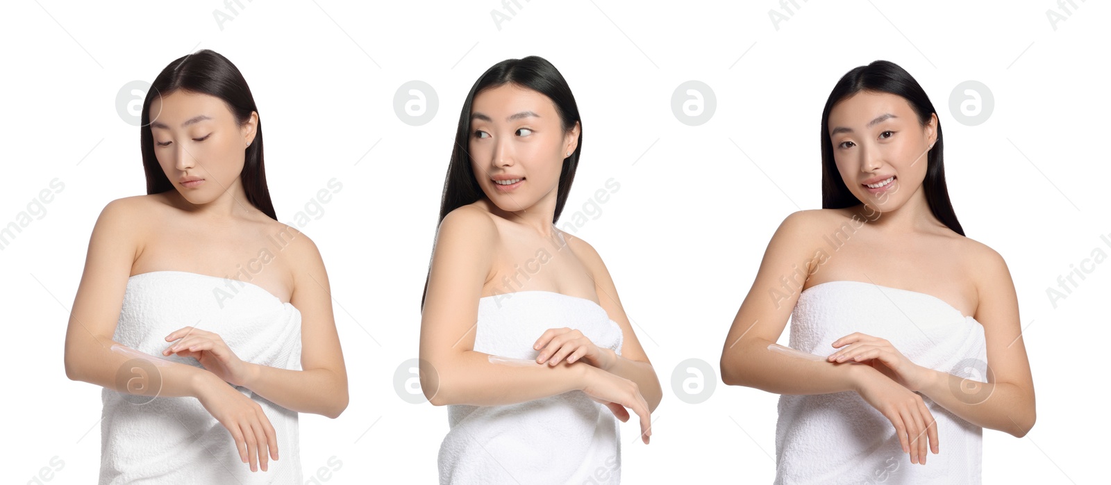 Image of Collage with photos of Asian woman applying body cream on white background