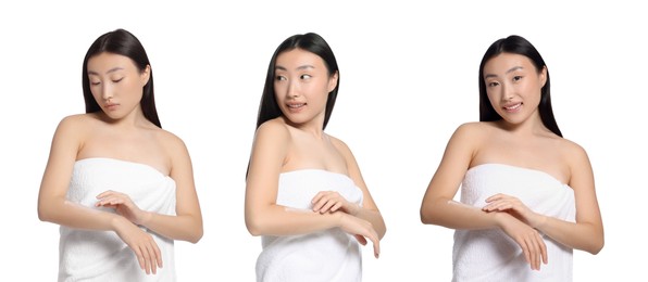 Collage with photos of Asian woman applying body cream on white background