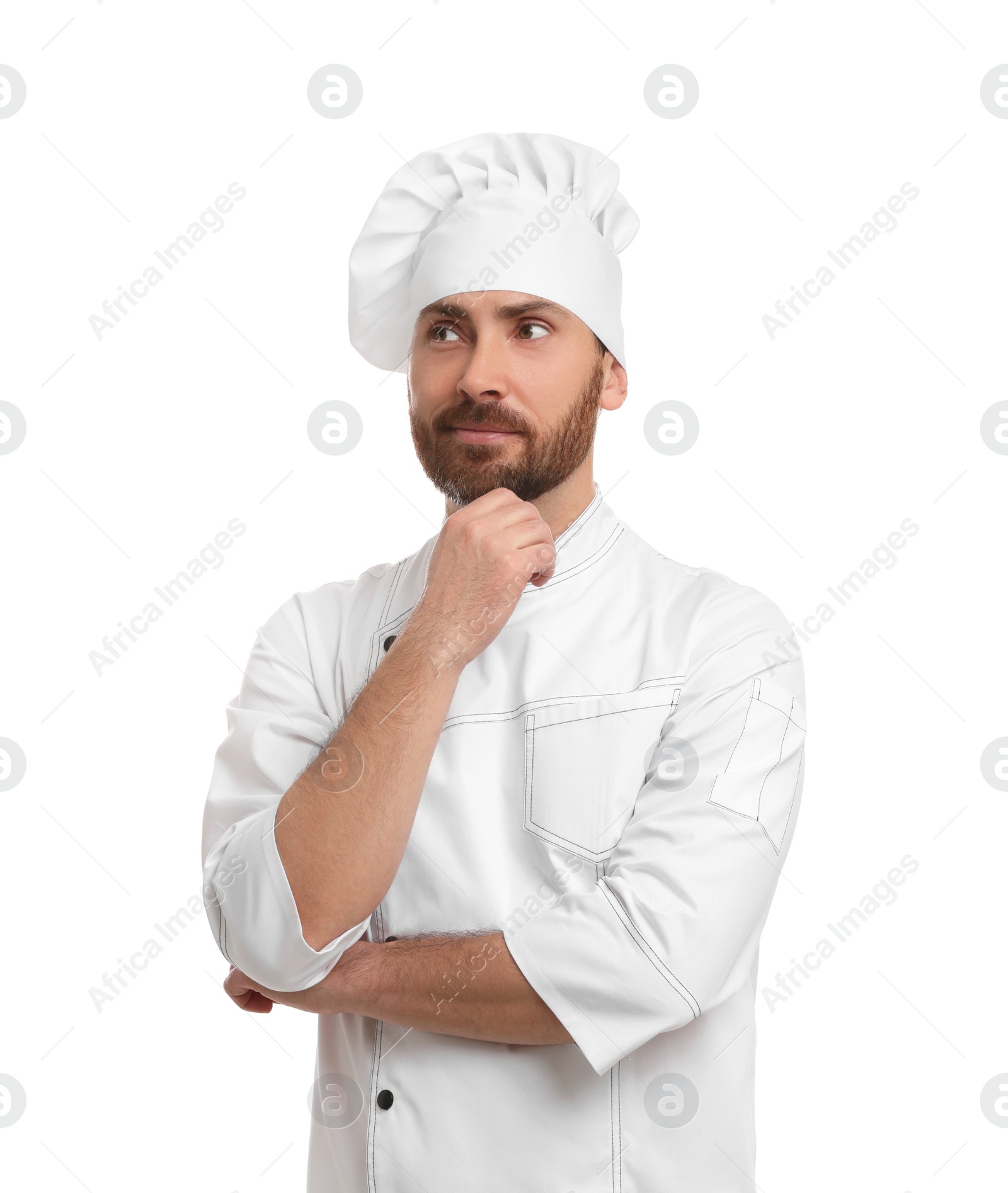 Photo of Mature male chef in uniform on white background