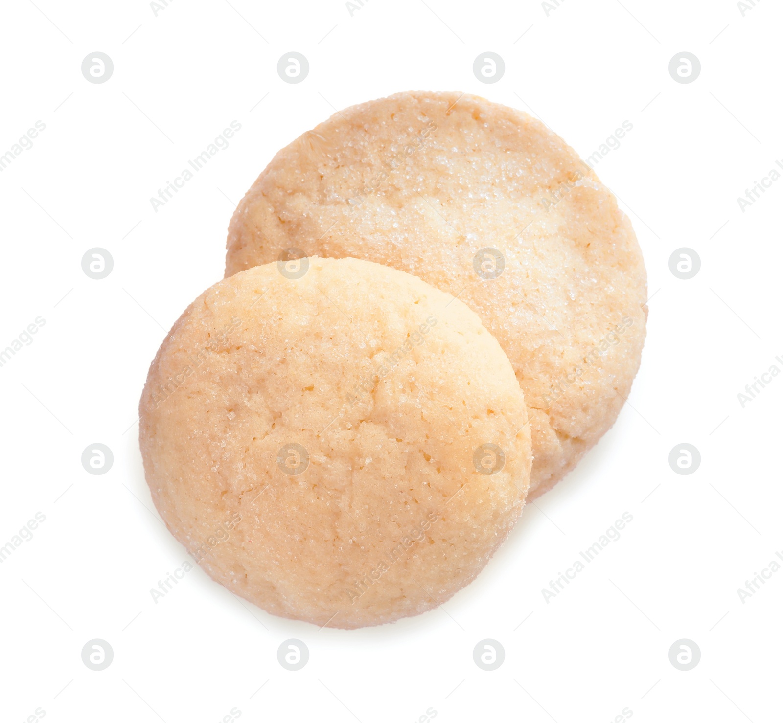 Photo of Two tasty sugar cookies isolated on white, top view