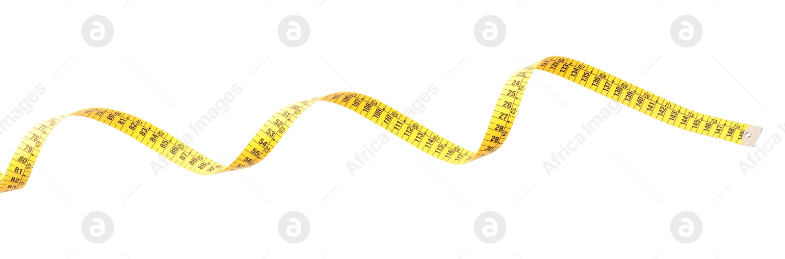 Photo of Long yellow measuring tape isolated on white, top view