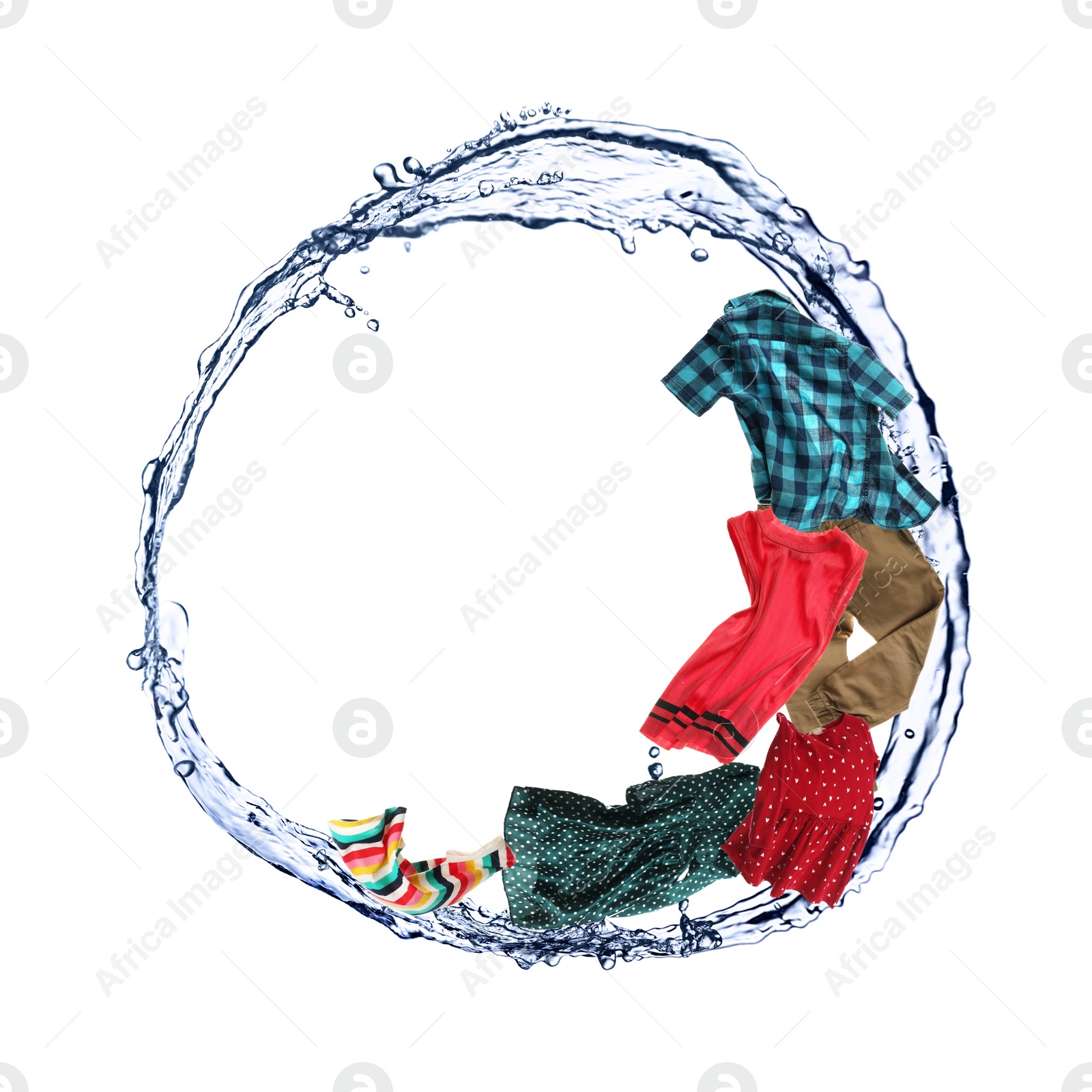 Image of Water splash with different clothes isolated on white