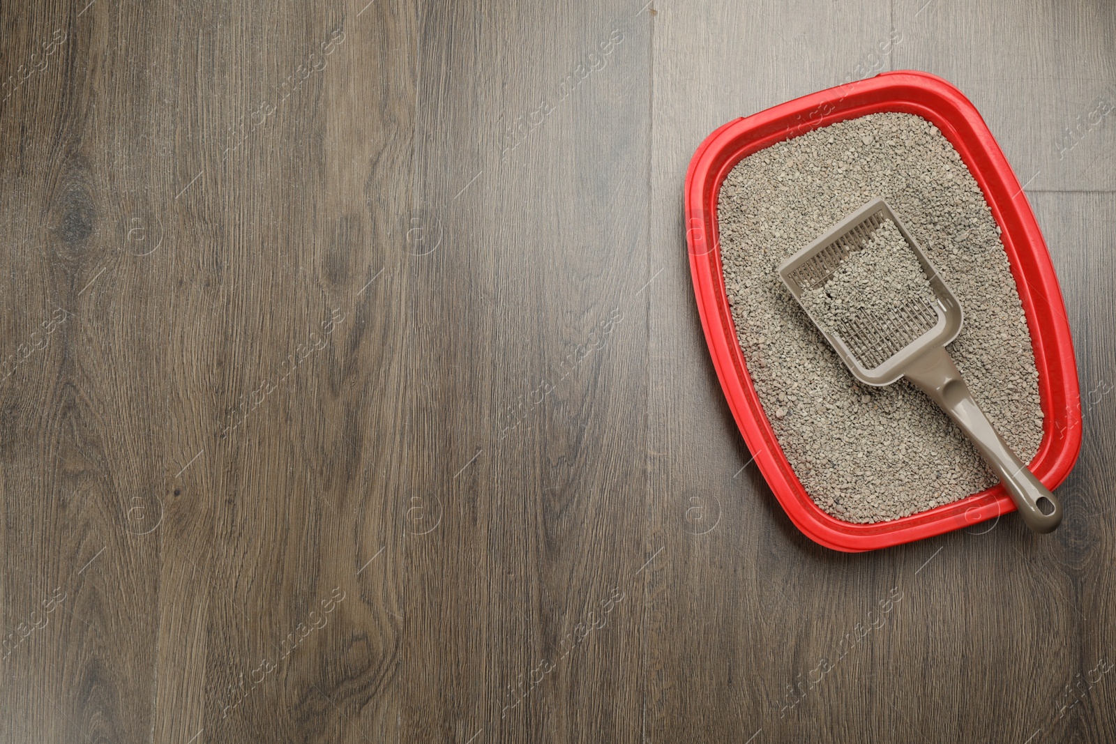 Photo of Cat litter tray with filler and scoop on wooden floor, top view. Space for text