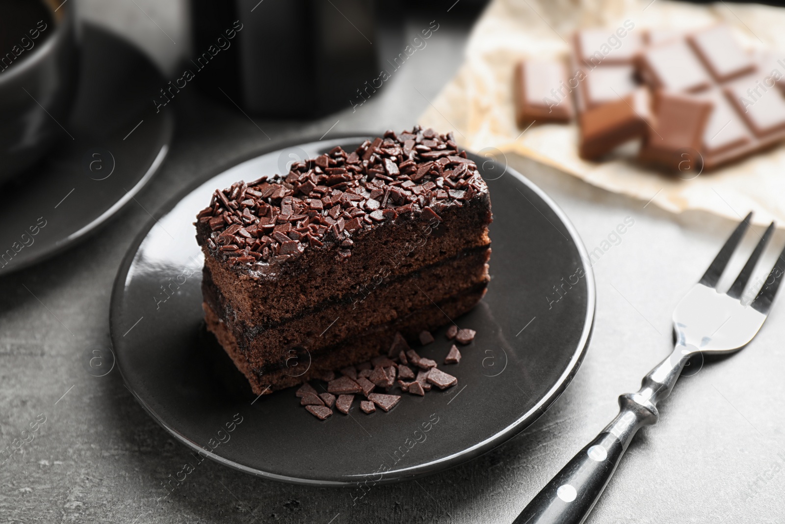 Photo of Delicious fresh chocolate cake served on table